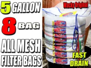 Wacky Bags Filter Bag Dimensions Dimension Measurements 1 Gallon 5 Gallon 20-32 Gallon 55 Gallon Flat Width 10” 20” 33” 34.25” Circumference 20” 40” 66” 68.5” Diameter 6.3” 12.7” 21.00” 21.80” Length (side seam) 6.5” 16” 28” 38” Measuring Wacky Bags Flat-Width & Converting to Diameter: To measure flat width: Lay the filter bag flat on a table and measure across the width of the bag. For example: a 20-32 Gallon Wacky Bag has flat width of 33”. Here is the simple way to convert the flat width to a diameter. The formula is: 2 times the flat width Divided by 3.14159 equals the Diameter. In this example: 2 X 33” = 66” ÷ 3.14159 = 21.0” Diameter